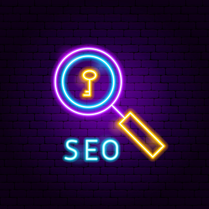 SEO Neon Label. Vector Illustration of Computer Promotion.