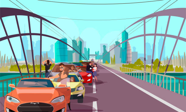 ilustraciones, imágenes clip art, dibujos animados e iconos de stock de rush hour traffic jam flat vector illustration - slow jam