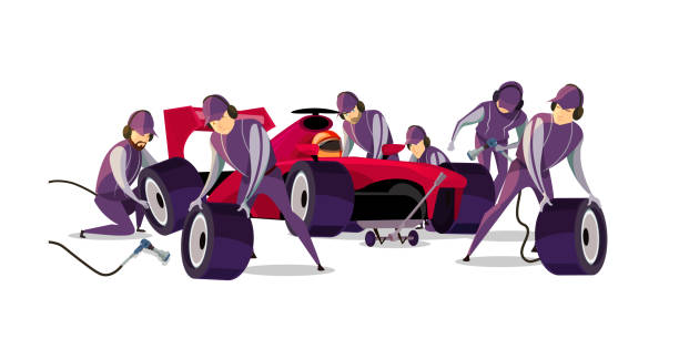 Racing car on pit stop flat vector illustration Racing car on pit stop flat vector illustration. Professional mechanics and racer cartoon characters. Engineers team in uniform changing wheels, tires. Auto maintenance service, quick repair pitstop stock illustrations