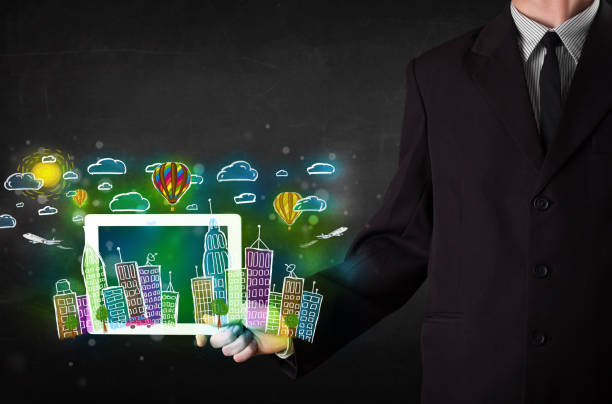 istock Young person showing tablet with hand drawn cityscape 1170514595