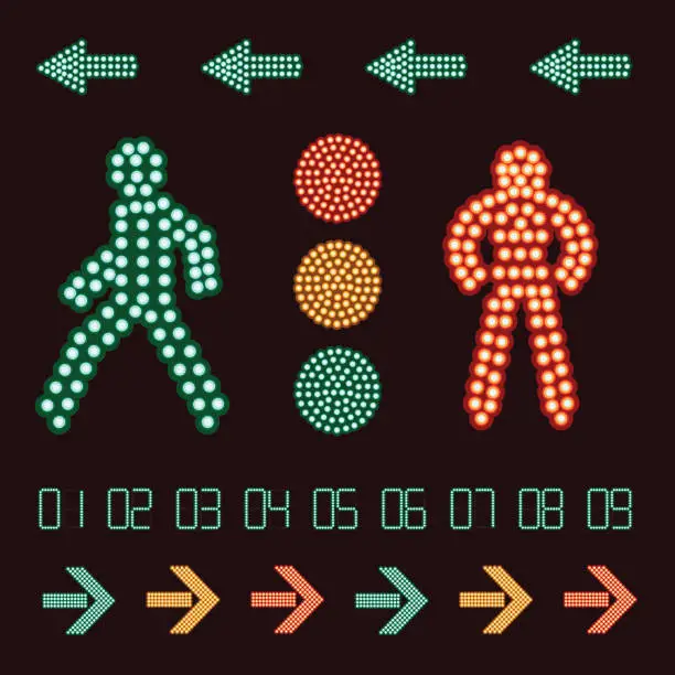 Vector illustration of Vector set of traffic light symbols with digits, arrows and man silhouettes.