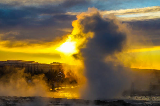 Group of small geysers in Haukadalur Geothermal Area in Iceland