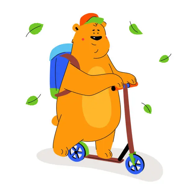 Vector illustration of Cute brown bear on a scooter - flat design style illustration