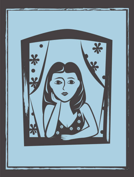 ilustrações de stock, clip art, desenhos animados e ícones de woman at window vector. brazilian woodcut style illustration. - woodcut