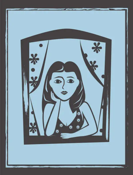 Vector illustration of Woman at window vector. Brazilian woodcut style illustration.