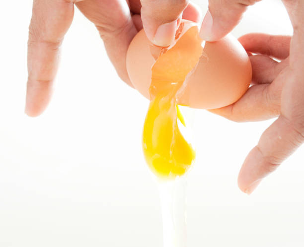 istock Closeup of broken egg in hand, yolk falling down 1170521076