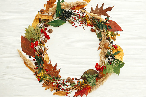 Autumn flat lay. Autumn wreath of fall leaves, red berries, acorns, anise, nuts, autumn flowers on white wood. Copy space.  Cozy autumn mood. Seasons greeting card
