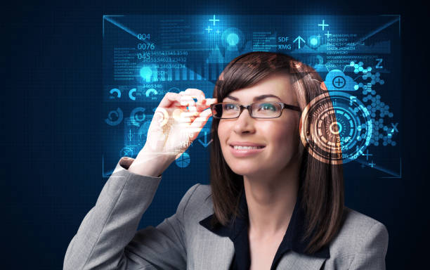 istock Young woman looking with futuristic smart high tech glasses 1170521227