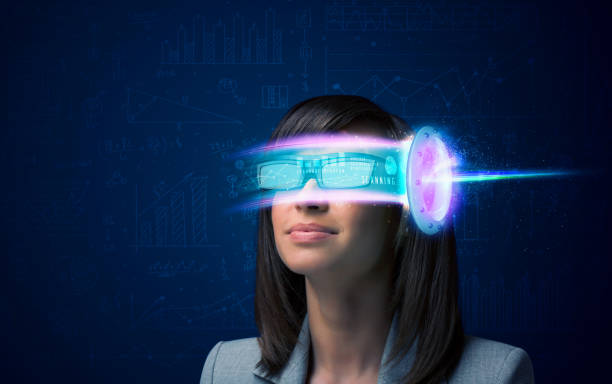 istock Woman from future with high tech smartphone glasses 1170521491