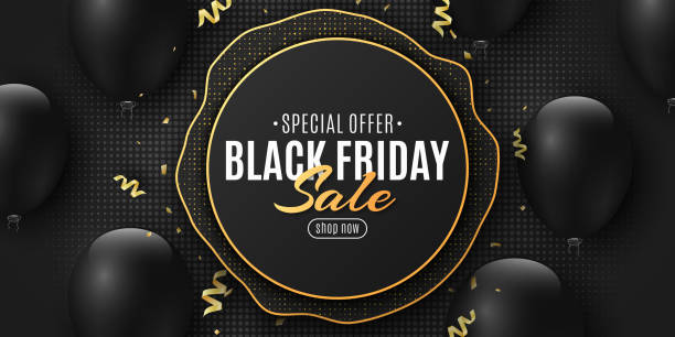 Abstract geometric banner for Black Friday sale. Flying confetti and serpentine. Black balloons. Lettering. Dark background and halftone effect. Seasonal shopping. Vector illustration. EPS 10 Abstract geometric banner for Black Friday sale. Flying confetti and serpentine. Black balloons. Lettering. Dark background and halftone effect. Seasonal shopping. Vector illustration friday stock illustrations