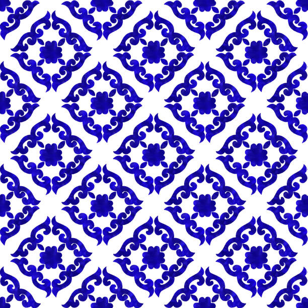 ilustrações, clipart, desenhos animados e ícones de telha pintada mão da marinha azul da aguarela. teste padrão da telha do vetor, mosaico floral árabe de lisboa, ornamento sem emenda mediterrâneo do azul de marinha. - textile blue leaf paisley