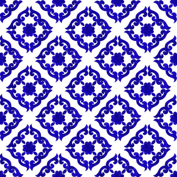 Vector illustration of Watercolor Hand Painted Navy Blue Tile. Vector Tile Pattern, Lisbon Arabic Floral Mosaic, Mediterranean Seamless Navy Blue Ornament.