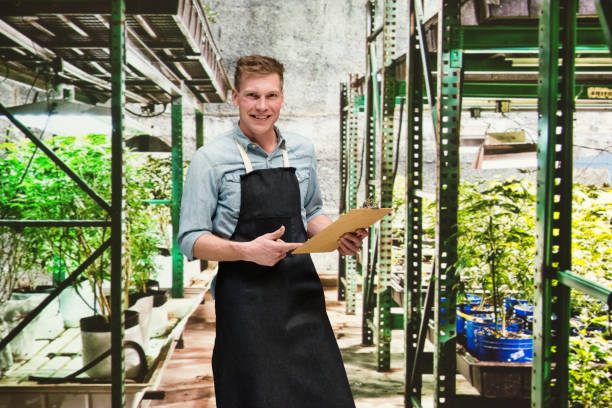 istock Marijuana shop - Male worker is holding a clipboard 1170532573