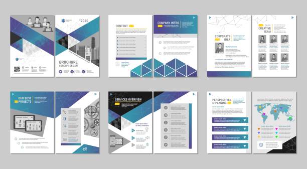 Brochure creative design. Multipurpose template, include cover, back and inside pages. Trendy minimalist flat geometric design. Vertical a4 format. minimal magazine layout stock illustrations
