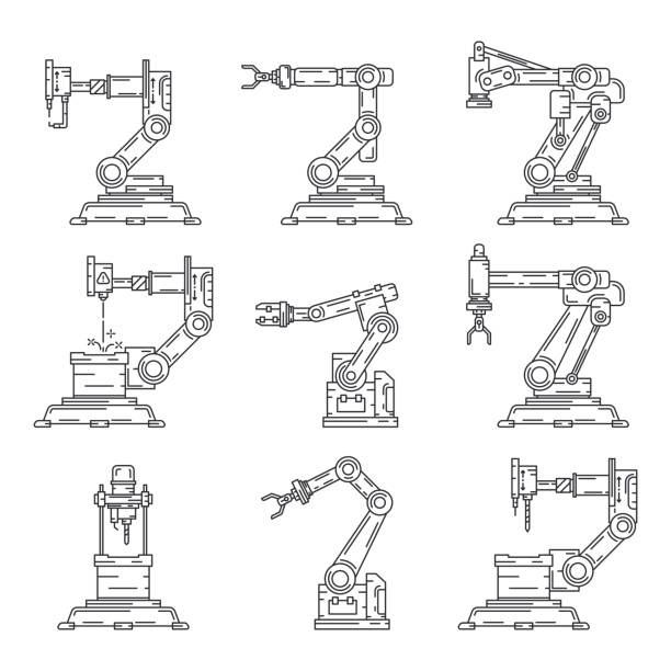 ilustraciones, imágenes clip art, dibujos animados e iconos de stock de sistema de brazo robot transportador de fábrica conjunto de icono vectorial plano de línea. maquinaria robótica de montaje automático de la industria. proceso de tecnología de trabajadores de globalización. trabajador mecánico. ilustración de estil - robot robot arm plastic production line