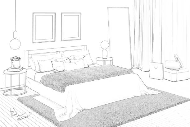 istock Sketch of charming women's bedroom with paintings 1170540507