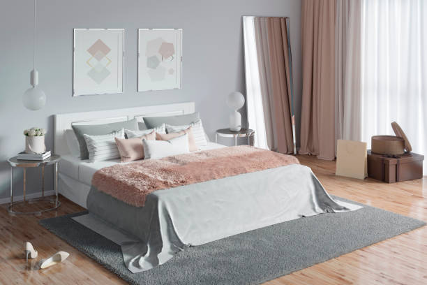 istock Charming women's bedroom with paintings, a mirror and hairy plaid 1170540513