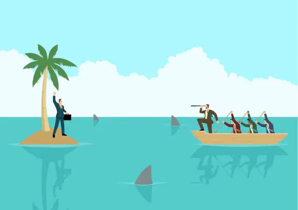 Vector illustration of Businessman get stuck on island with water full of shark