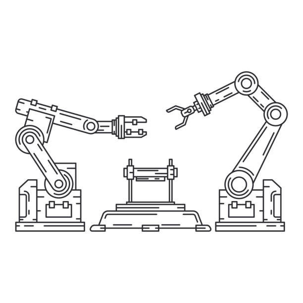 ilustraciones, imágenes clip art, dibujos animados e iconos de stock de sistema de brazo robot de fábrica de icono vectorial plano de línea. maquinaria robótica de montaje automático de la industria. proceso de tecnología de trabajadores de globalización. trabajador mecánico. ilustración de estilo dibujos animados, dis - robot robot arm plastic production line