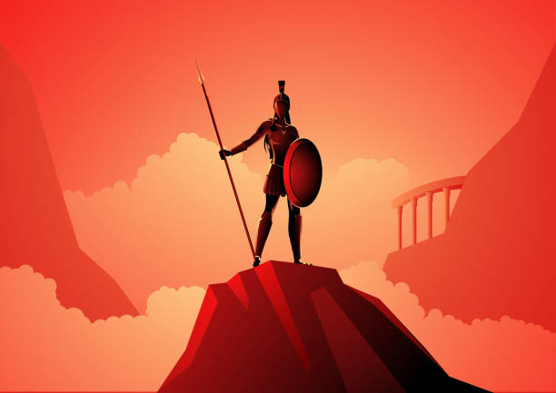 Athena The Goddess of Wisdom Greek god and goddess vector illustration series, Athena the goddess of wisdom, civilization, warfare, strength, strategy, female arts, crafts, justice and skill. traditional armor stock illustrations