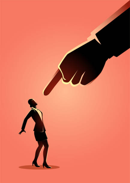 Businesswoman being pointed by giant finger vector art illustration