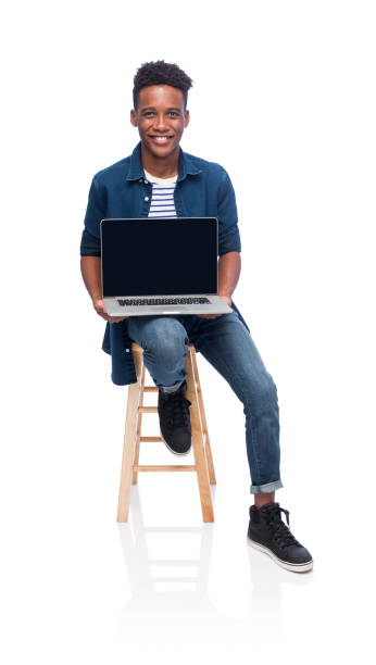 istock Smiling young man showing laptop screen 1170541848