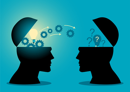 Knowledge or ideas sharing between two people head, transferring knowledge, innovation, brain storming concept