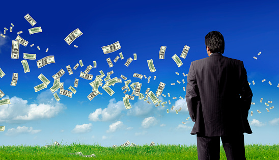 rear view of businessman looking at green grass landscape view with flying large group of money over sunny blue sky