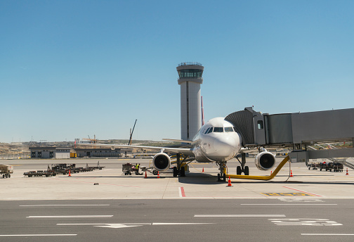 Istanbul, Turkey - May 29, 2019: New Istanbul International Airport. Front view of landed airplane in a terminal of Istanbul, Turkey