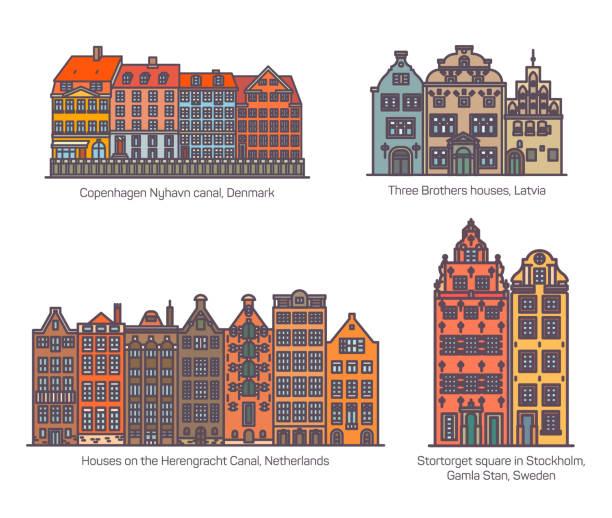 Colorful buildings on canal, square of europe Colorful buildings of europe. Copenhagen Nyhavn canal and Three Brothers Houses, Herengracht Canal and Stortorget square in Stockholm, Gamla Stan or Old Town. Denmark, Netherlands, Sweden, Latvia nyhavn stock illustrations