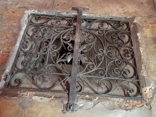 istock iron metal grate on opening in stone floor 1170550858