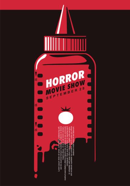 Horror movie show creative poster idea with ketchup bottle and film strip Horror movie show creative poster idea with ketchup bottle and film strip. Fake blood concept. Cinema vector art. criminal activity stock illustrations