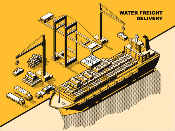 Water freight delivery, yellow isometric line art Water freight delivery, yellow isometric line art vector concept. Sea port, river dock with cranes unloading cargo barge or ship with containers. Export import logistics, international cargo shipment Harbor stock illustrations