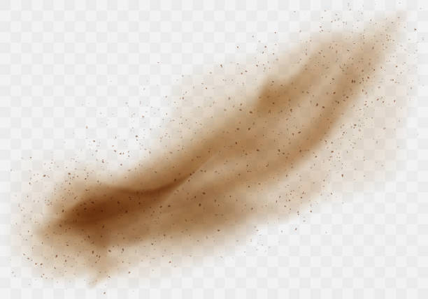 Brown dusty cloud or dry sand flying with wind Brown dusty cloud or dry sand flying with a gust of wind, sandstorm, realistic texture with small particles or grains of sand vector illustration isolated on transparent background brown stock illustrations