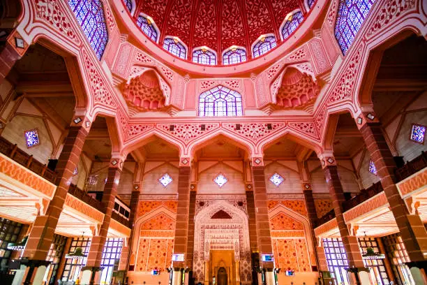 PUTRAJAYA, MALAYSIA.JULY 29 ,2019:  Interior design of The Masjid Putra or Putra Mosque at Putrajaya, Malaysia.