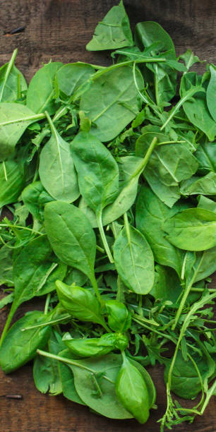 istock salad leaves mix (chard, lettuce, spinach, arugula, basil and more) concept top. food background. copy space 1170555213