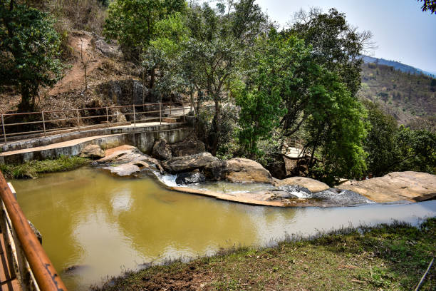 istock Small water reservoir in stone mountain with bridge for commutation from one side to another. 1170556658