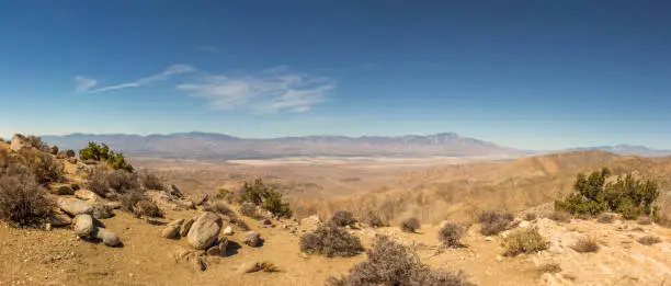 Panoramic photo from Joshuatree National Park over the adjacent desert