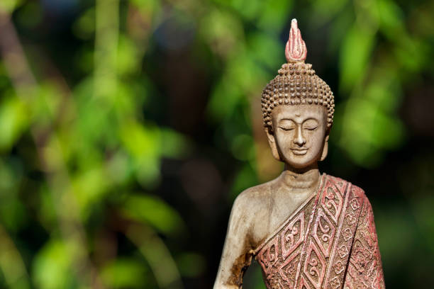 posąg buddy odizolowany na zewnątrz na naturze i zielonym tle z kopią przestrzeni. symbol buddyzmu religii, pokoju i duchowości - buddha thailand spirituality wisdom zdjęcia i obrazy z banku zdjęć
