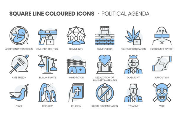 Political agenda related, square line color vector icon set Political agenda related, square line color vector icon set for applications and website development. The icon set is pixelperfect with 64x64 grid. Crafted with precision and eye for quality. populism stock illustrations