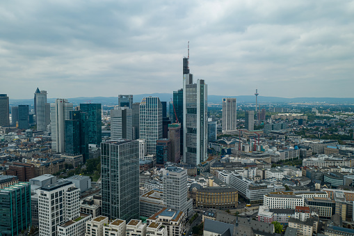 Frankfurt city (Germany) aerial view with buildings, Maine river, bridges, embankments.