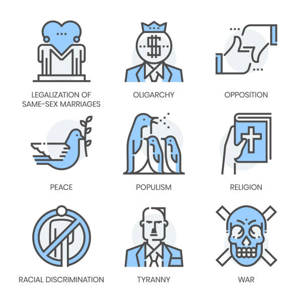 Political agenda related, square line color vector icon set Political agenda related, square line color vector icon set for applications and website development. The icon set is pixelperfect with 64x64 grid. Crafted with precision and eye for quality. penguins fighting stock illustrations