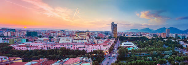 Areal view of Tirana city center at sunset. Tirana, Albania - June 2019: Areal view from Sky tower to Tirana city center at sunset main sights of downtown. tirana photos stock pictures, royalty-free photos & images