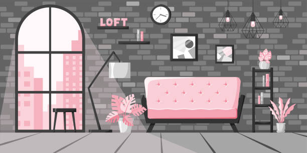 nowoczesny salon w stylu płaskim, koncepcja wnętrza na poddaszu, mieszkanie miejskie z dużym oknem i ceglaną ścianą. domowa ilustracja wektorowa z sofą, lampą, książkami na półce, zegarem, roślinami w różowych i szarych kolorach - chandelier residential structure living room sofa stock illustrations