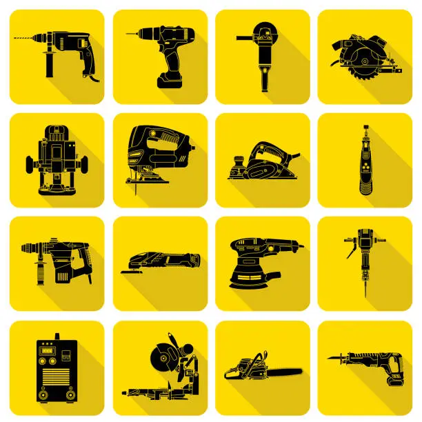 Vector illustration of Electric tool icons isolated on a yellow background