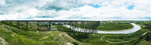 Panoramic of High Level Bridge in Lethbridge, Alberta, Canada Panoramic shot of High Level Bridge/Lethbridge Viaduct in Lethbridge, Alberta, Canada. Multiple files stitched. lethbridge alberta stock pictures, royalty-free photos & images