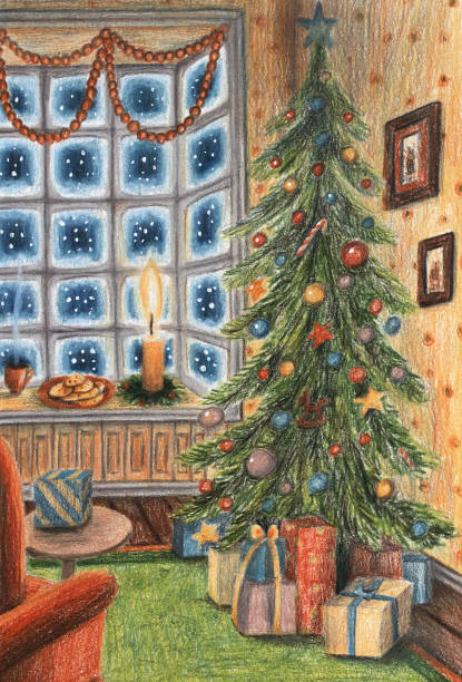 istock Room. With Christmas Tree , presents, candles and chair. 1170575188