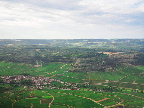 Aerial view of Auxey-Duresses village in the middle of vineyards in Burgundy, France