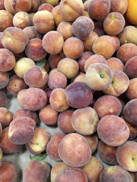 fresh organic peaches heap of fresh ripe peaches at a turkish street market. - antioxidant medicine closed close to imagens e fotografias de stock