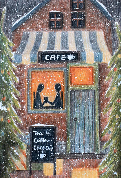 stockillustraties, clipart, cartoons en iconen met cafe bar met mensen, dennen en sneeuw. hand getekende illustratie. - cafe snow